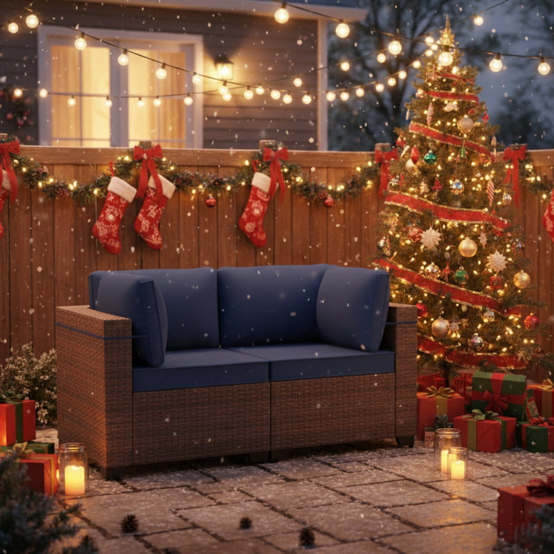Kalinowski Premium Outdoor Loveseat With Adjustable Feet, Splash-Proof Cushions & Secure Seat Clips, Navy
