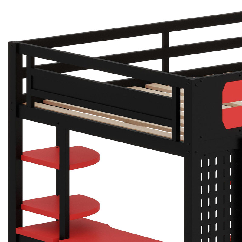 All-in-One Loft Bed System with Desk, Storage, Fast Charging & Customizable RGB Lights, Black+Red