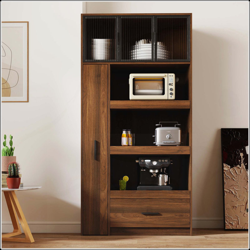 Grand garde-manger avec tablettes coulissantes multifonctionnelles, tiroir et porte en verre à cadre en aluminium pour un rangement organisé