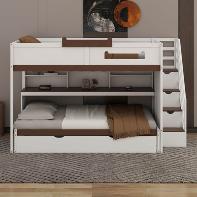 Full Over Full Bunk Bed With Trundle And Stairs, Wooden Stairway Bunk Bed With Storage Shelves And LED