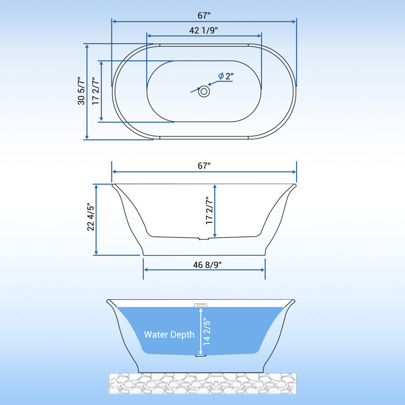 67 Inch Acrylic Freestanding Bathtub, Luxury Oval Soaking Tub, Modern White Stand Alone Bath with Chrome Drain and Overflow, Deep Soaking Tub for Bathroom