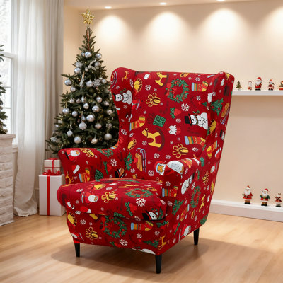 Housse en velours à oreilles pour fauteuil de Noël - housse extensible 2 pièces, protecteur de fauteuil à oreilles avec fond élastique