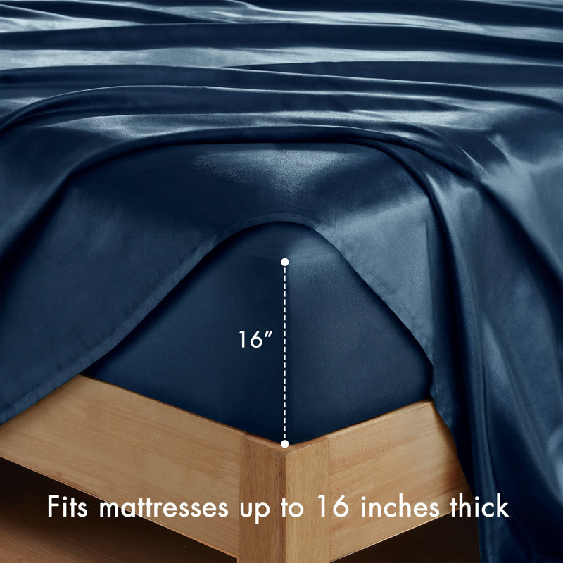 Satin Wrinkle Resistant Luxury Sheet Set, Full Sheet Set + 4 Standard Pillowcases, Midnight Blue