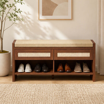 Banc à chaussures brun avec coussin de siège rembourré, 2 tiroirs en rotin tissé et tablette de rangement inférieure à aire ouverte
