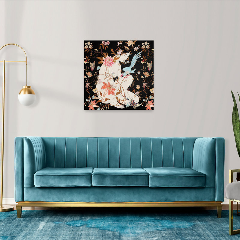 «Woman in Floral Embrace», art floral tropical, délicat, oiseau biologique, 36" H x 36" W
