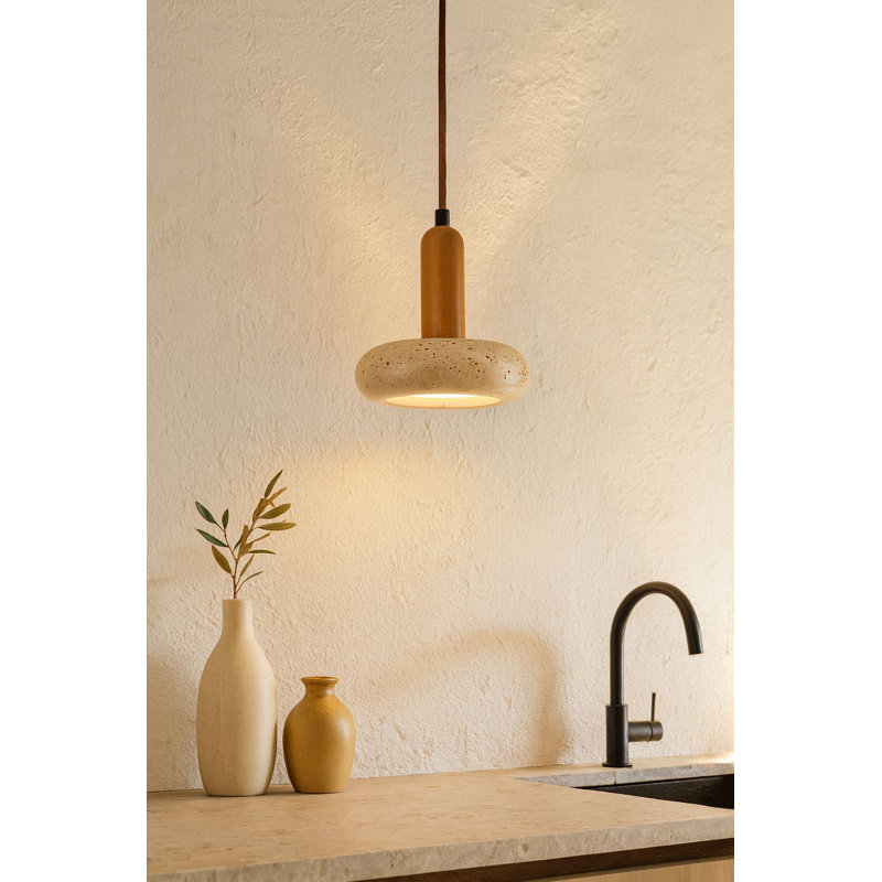 Lustre réglable élégant, finition beige et chêne, d'une hauteur de 22 à 59,8 pouces | Corps en bois avec capuchon en travertin, 1 x douille DEL 24 W, indice de protection IP20 | Parfait pour la décoration de salle à manger, de salon et de vestibule