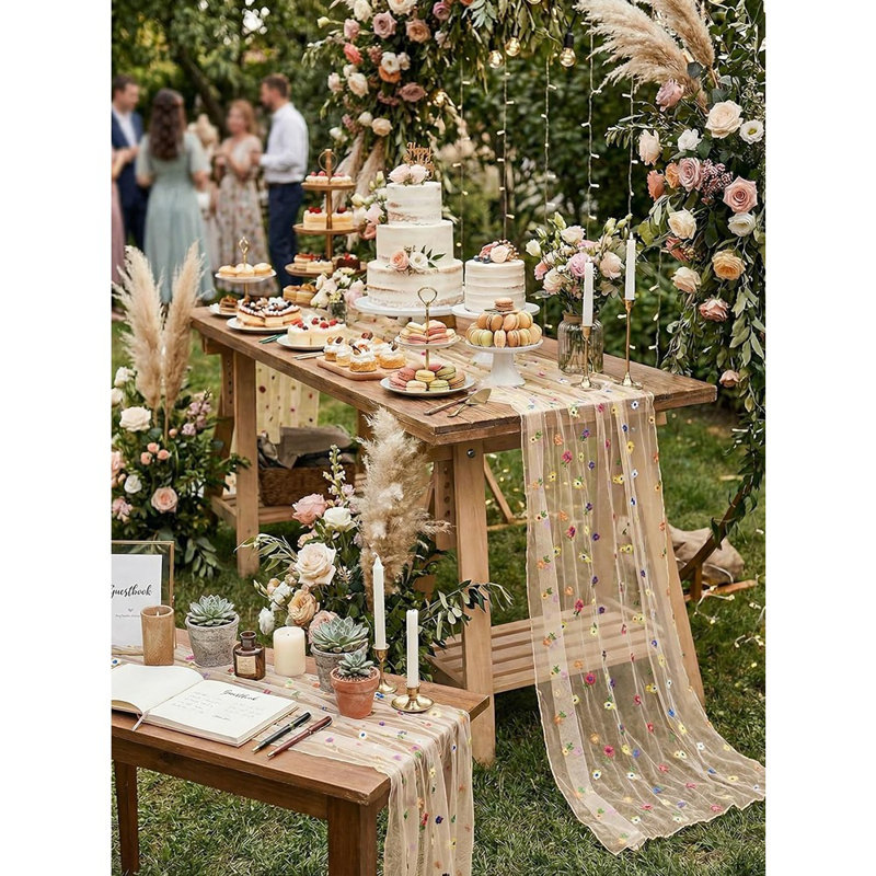 Chemin de table brodé en dentelle Daisy - Champagne - Décoration florale de printemps et d'été en tulle pour mariages et fêtes