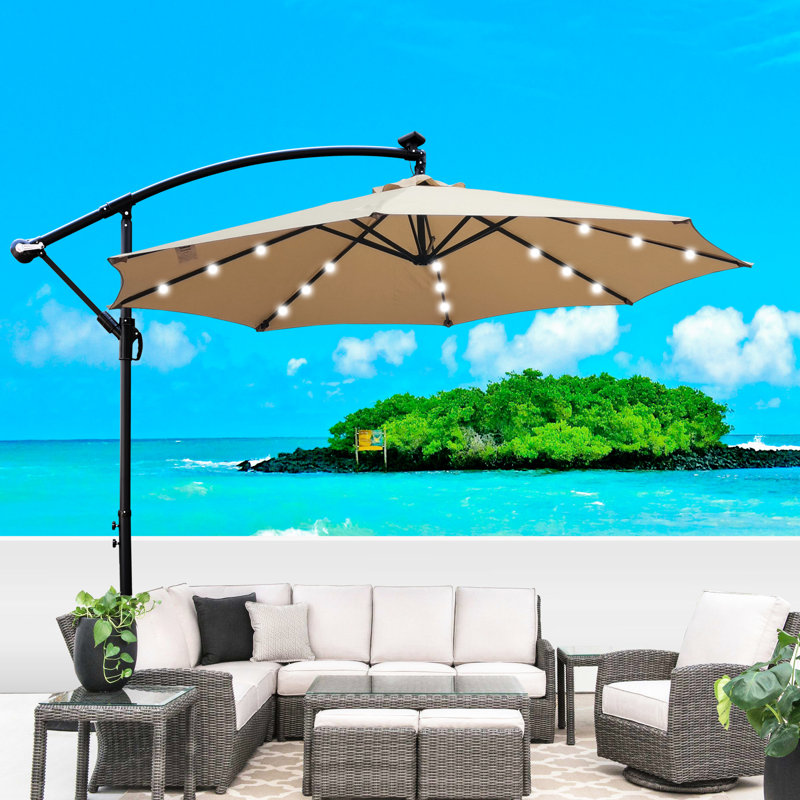 Parasol de patio brun clair de 10 pi avec lumières solaires - Rouille, 8 nervures, manivelle et base transversale pour terrasse de jardin, piscine extérieure, conduit, protégé, zone