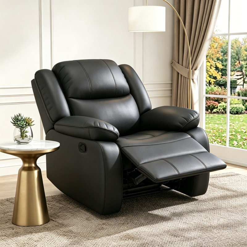 Kamarli 38.2" W Faux Leather Recliner, Black