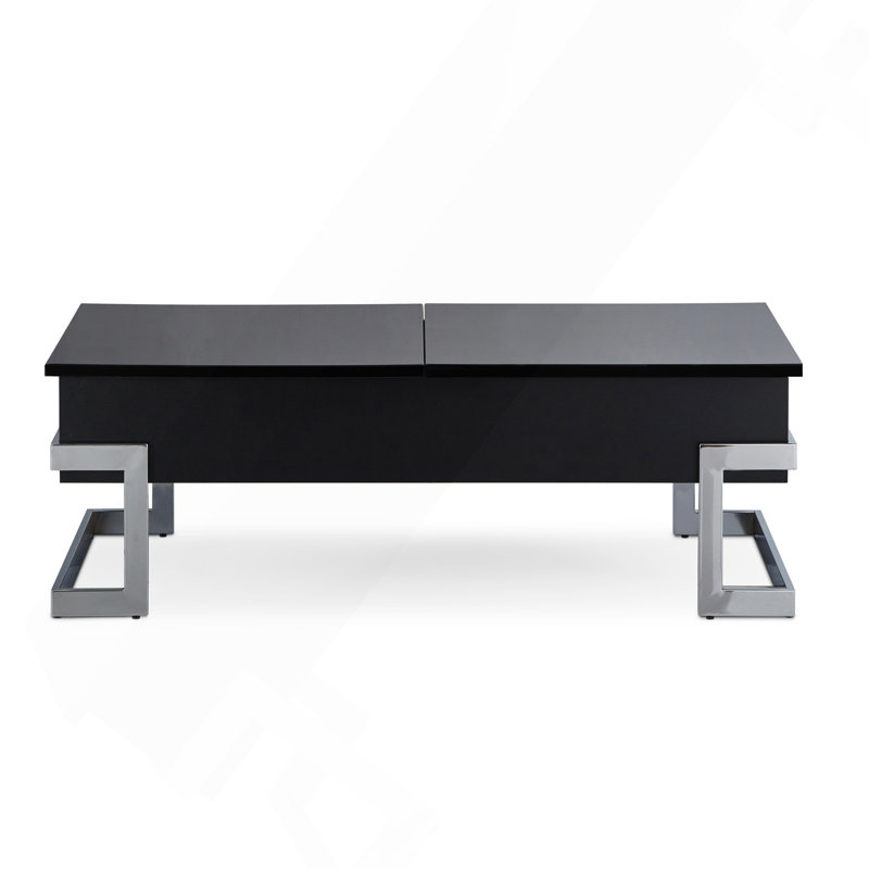 Table basse noire haute brillance et chrome avec plateau relevable., Noir