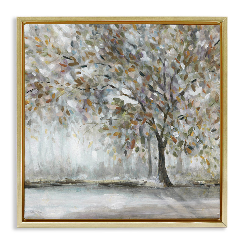 Peinture d'arbre de forêt, H 18 po x l 18 po, Cadre flottant métallique doré