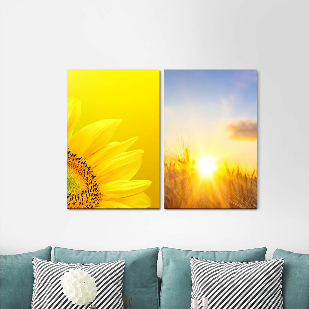 2-tlg. Leinwandbilder-Set - Fotografie „Sunflower Yellow Wheat Field Summer Sunshine Sun Sky”