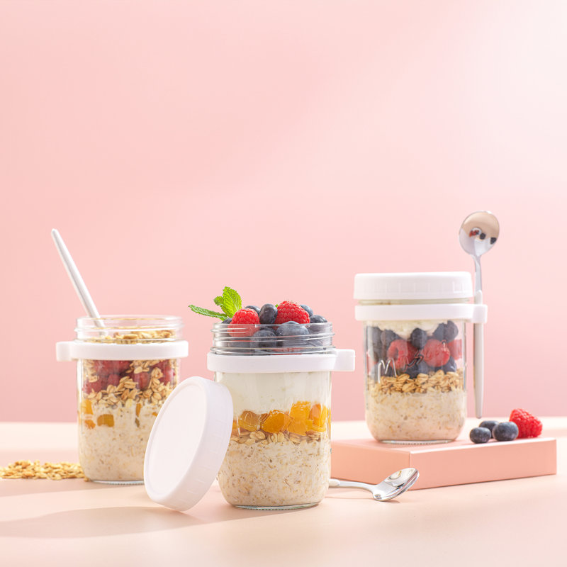 Bocaux avec couvercles et cuillères Brightware Dawn Overnight Oats - 16 oz - ensemble de 3, Blanc