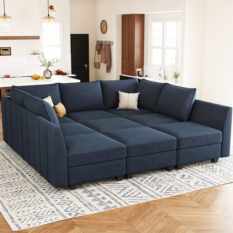 Allinson 87" W 10-Piece Velvet Modular Sectional Sleeper with Storage, Blue Velvet