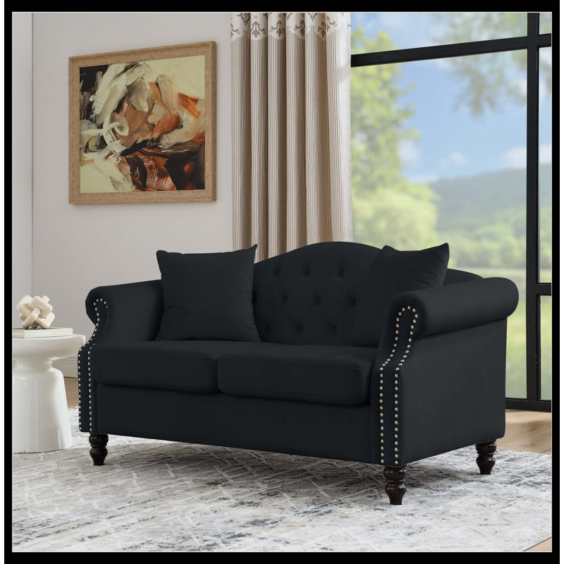 Canapé Chesterfield Meghans, H 32 po x l 57 po x P 30 po, Velours noir