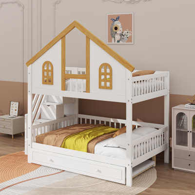 Wooden Bunk Bed With Trundle And Storage Staircase, House Bunk Bed Frame With Window, Door, Guardrails