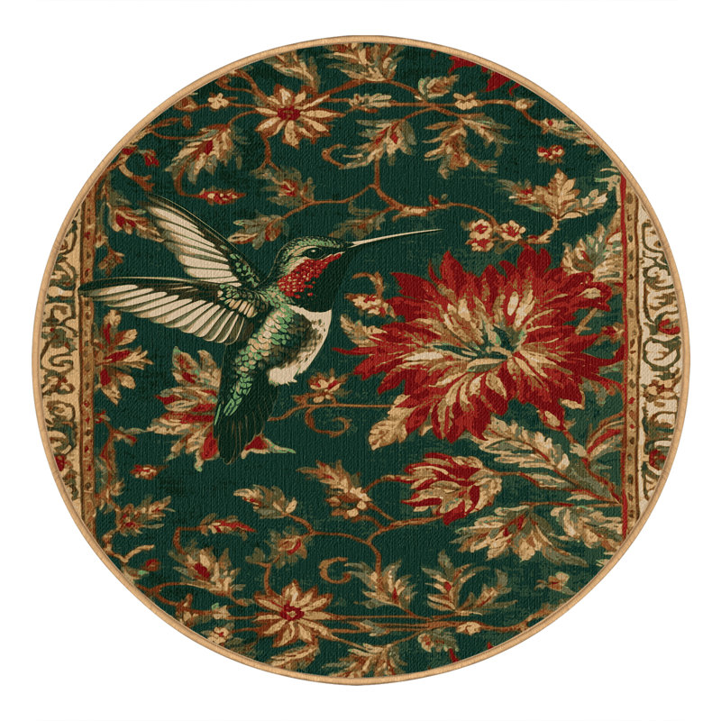 Washable Ruby throated Hummingbird Birds Area Rug, Round 5'