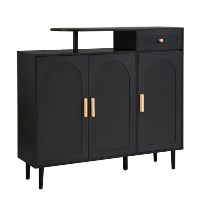 Élégante armoire à chaussures avec portes et tiroirs arqués, buffet de rangement de style avec tablettes réglables et pieds en bois massif pour le vestibule et le salon