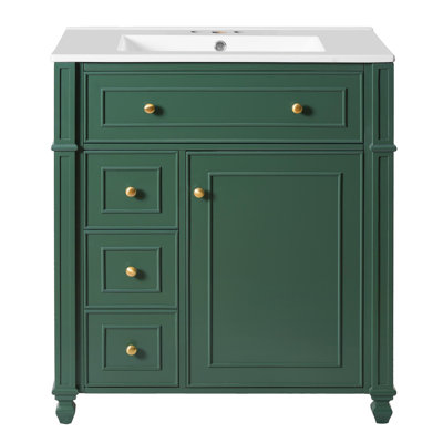 Modern bathroom vanity with a ceramic sink and two-tier storage cabinets