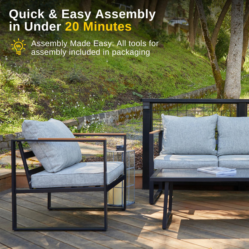 Light Gray and Black 4-Piece Patio Furniture Set with Cushions and Glass Table
