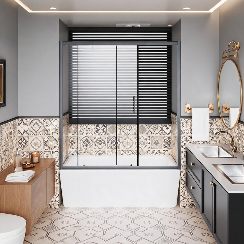 Porte de douche coulissante simple en acier inoxydable noir mat de 152 cm x 157 cm avec verre trempé transparent