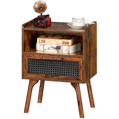 Rattan Nightstand, Side Table With Drawer Open Shelf, Cane Accent Bedside End Table With Solid Wood Legs, Mid Century Modern Night Stand For Bedroom,