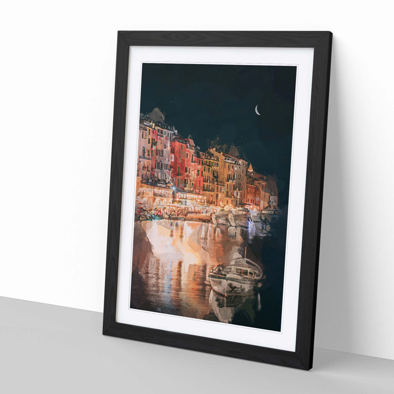 Boat in an Italian Port in Abstract - Picture Frame Painting Print, Black Framed, 48cm H x 36cm W x 2cm D