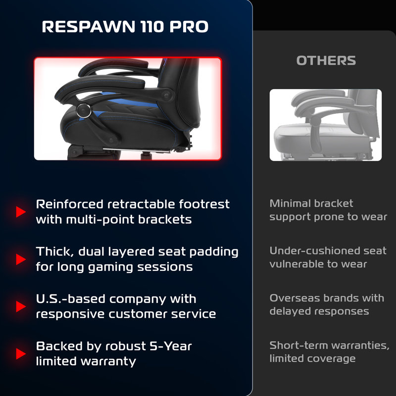 RESPAWN 110 Pro Ergonomic Gaming Chair with Footrest for Adults - Comfortable Office Gaming Recliner with Lumbar Support and Headrest, Racing Style Video Game Chairs for Computer Gamer