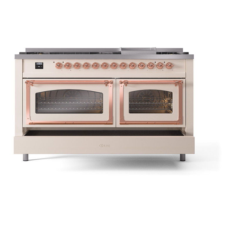 ILVE Nostalgie II Noblesse 60 in Dual Fuel Range, 9 Burner, Griddle, Antique White/Copper, Liquid Propane