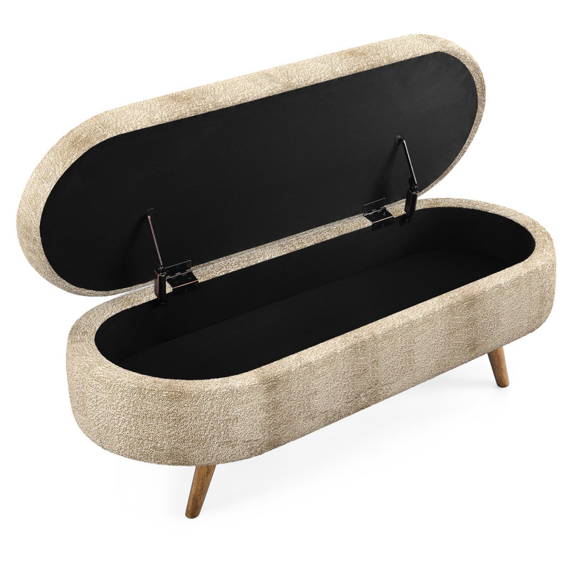 43.5"X16"X16" Oval Bench With Storage, Brown Color, Rubber Wood Legs, Hand - Crafted, Frame, Used As Footstool Or Sitting Area, Pleated Fabric Decoration, Storage Facility , Legs For Durability, Made