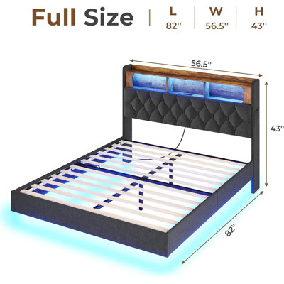 Cadre de lit flottant de très grande taille avec tête de lit à lumières RVB, prises et ports USB, lit plateforme tapissier en cuir PU avec tête de rangement, support à lattes en bois massif, noir PU