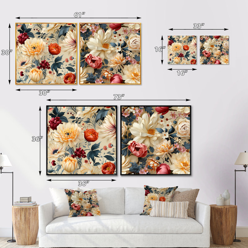 Ensemble de 2 pivoines éclectiques beiges et roses, H 16 po x l 33 po, Cadre flottant doré