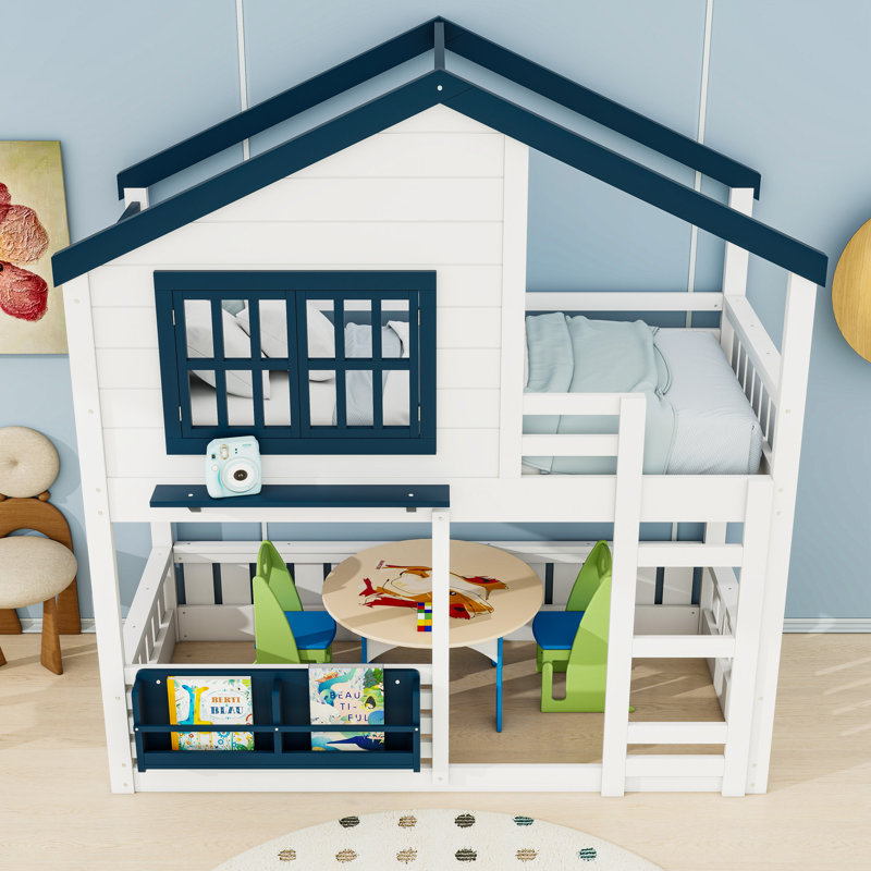 Lit superposé House avec échelle et tablettes, Lit superposé simple sur simple, Blanc / Bleu