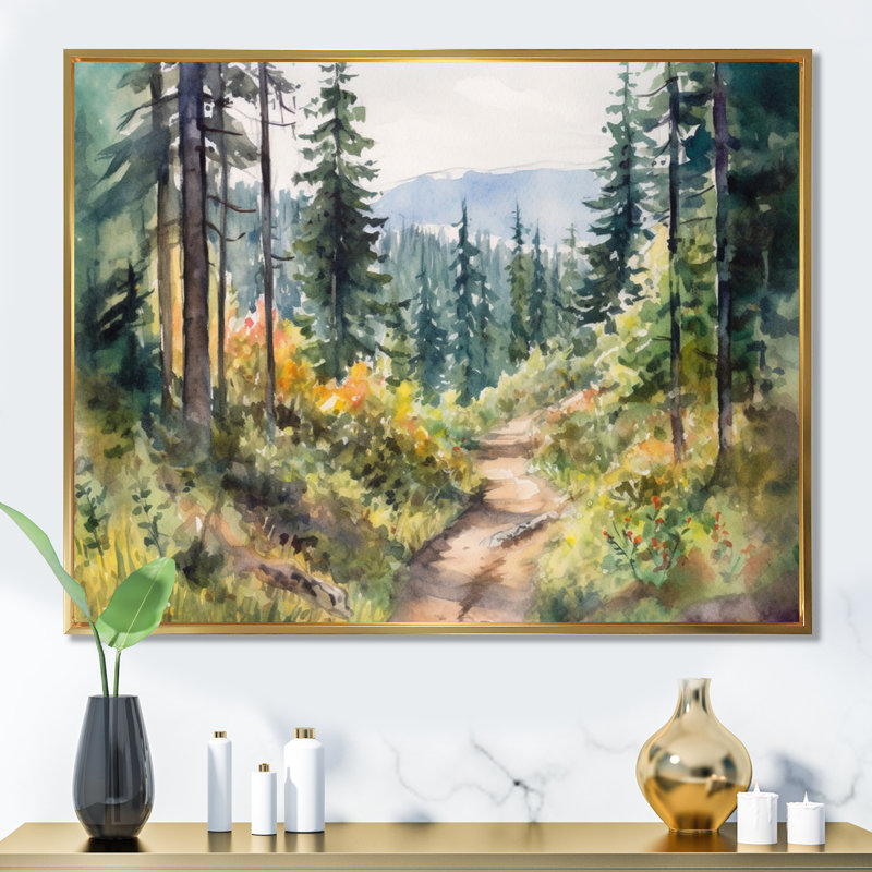 «Little Road In Mountain Landscape X - Forest», reproduction d'art sur toile, H 16 po x l 32 po x P 1 po, Cadre flottant doré
