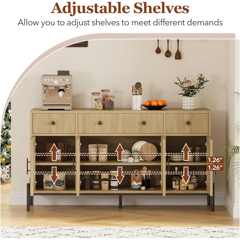 Buffet 62 "avec 4 portes en verre et 3 tiroirs, bois