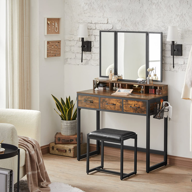 Sagar Dressing Table with Mirror And Stool Vanity Desk Bedroom Furniture, Brown