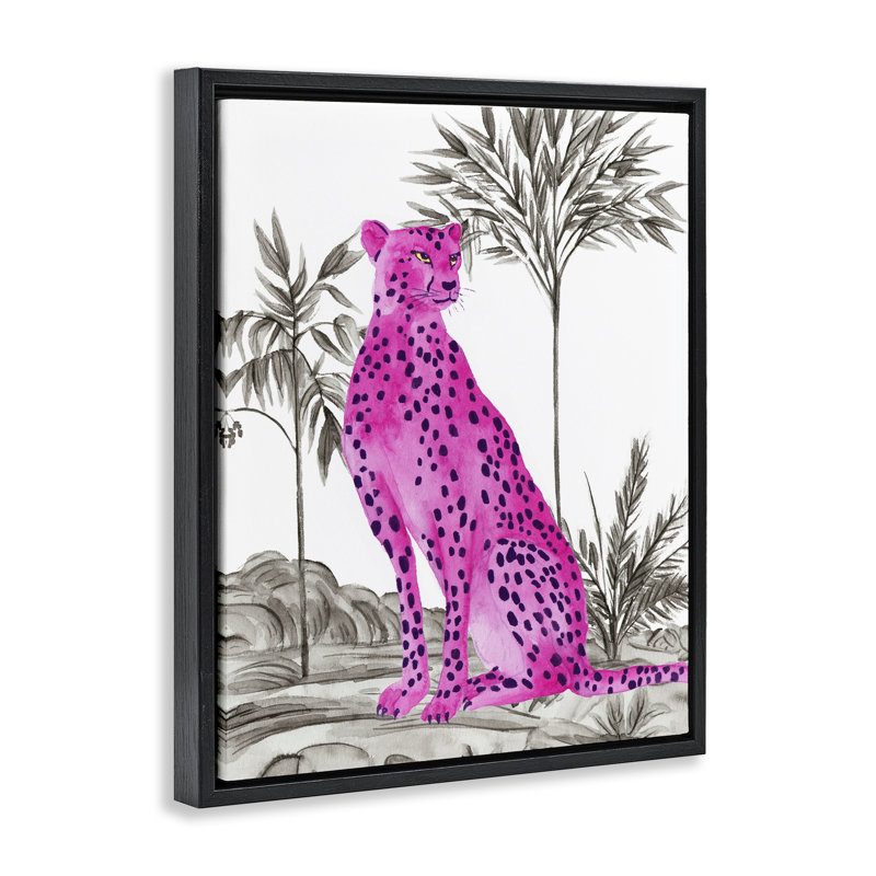 "Tropical Neon Leopard", art mural sur toile flottante, design par Melissa Wang, Cadre flottant noir de jais