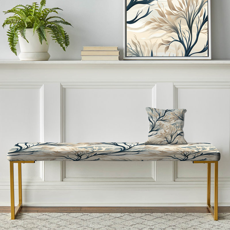 Grey Minimalist Tree Landscape - Floral Upholstered Gold Bench
