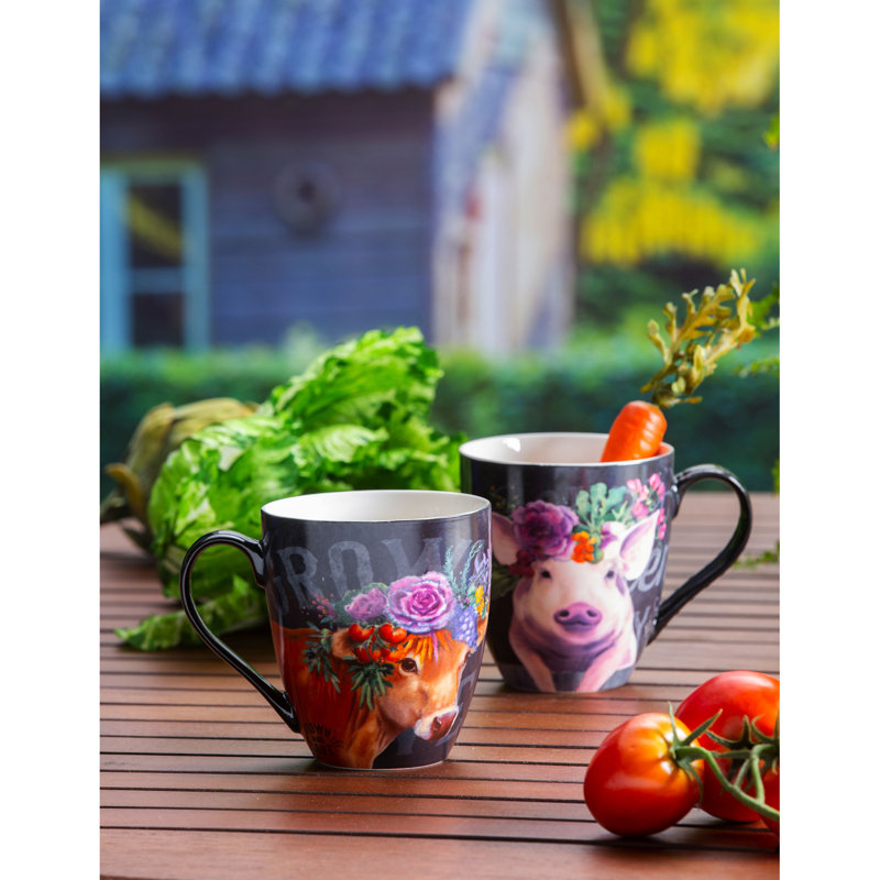 Tasse en céramique O '' Java, 17 oz, vache fleurie