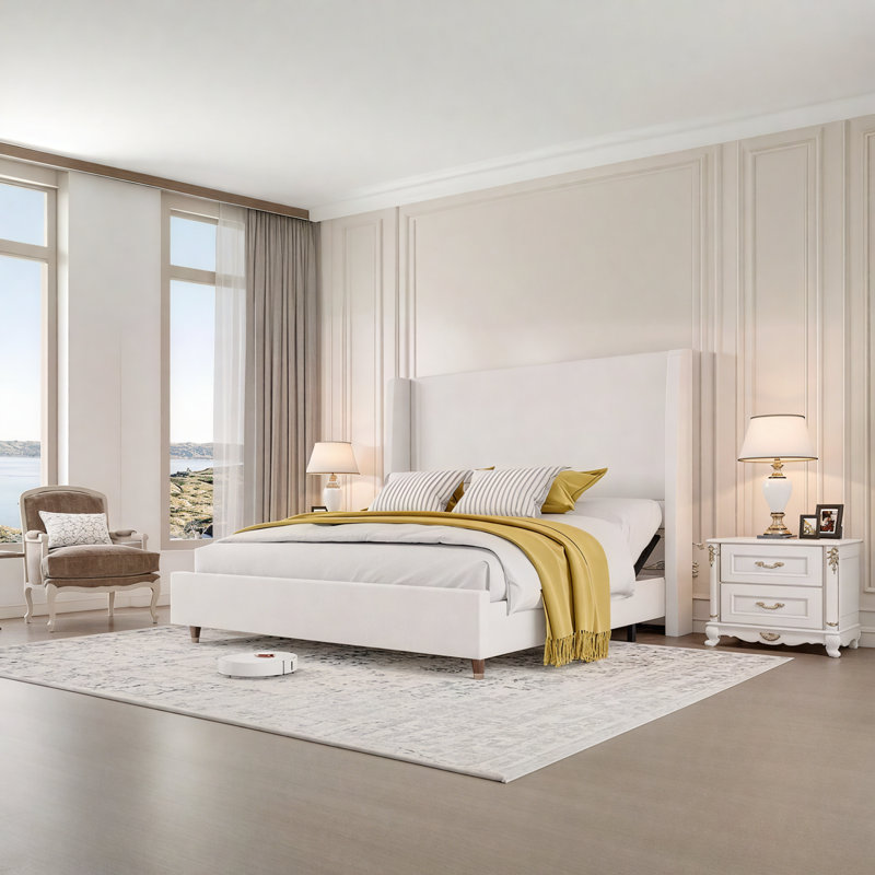 Smart Adjustable Bed Frame / 50" Upholstered Wingback Headboard / No Box Spring Needed, White, Queen