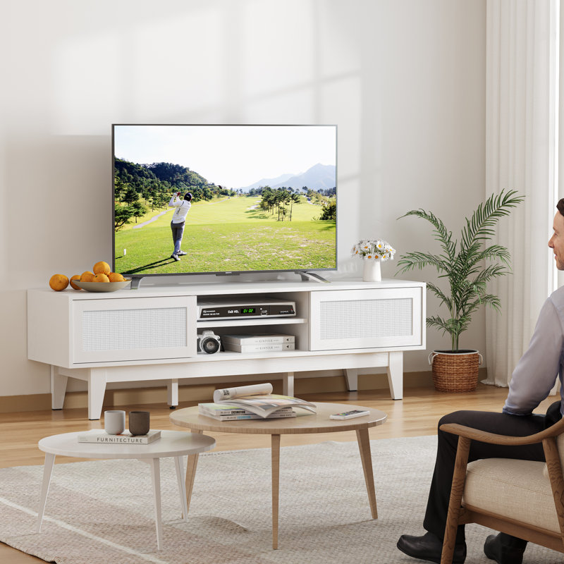 Meuble télé 59,1 po en rotin, meuble télé 65 po avec armoires de rangement, Blanc/naturel