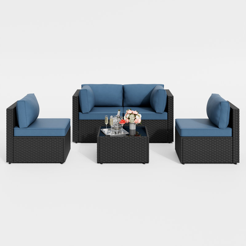 5-Piece Outdoor Patio Set with Cushions, Black, Navy