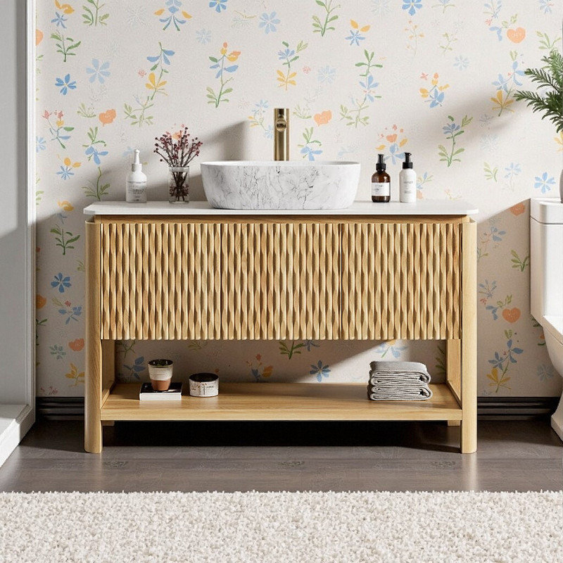 Meuble-lavabo 48 po avec lavabo vasque, 3 portes en bambou texturé, plateau en pierre frittée, lavabo en céramique