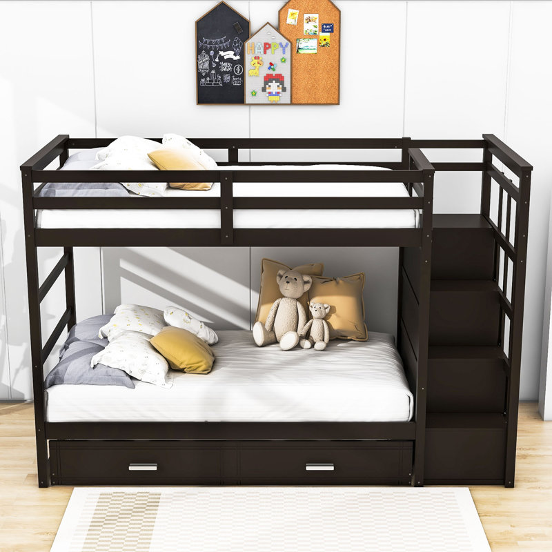 Bailen Kids Twin Over Twin Bunk Bed with Trundle with Drawers, Espresso