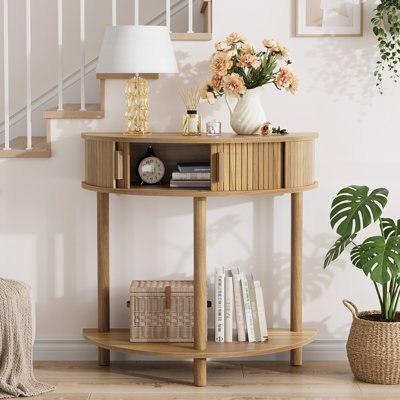 Console en demi-lune rainurée de 31,5 po, canapé de style campagnard derrière le canapé, table de vestibule moderne, table décorative pour le salon, le couloir, le vestibule ou le vestibule, Noyer
