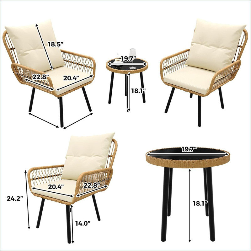 3 Piece Patio Bistro Set,utdoor Wicker Bistro Furniture Sets,2 Rattan Cushioned Chairs &1Coffee Glass Top Table,Rattan Table and Chairs Setfor Patio, Balcony, Porch, Poolside, Backyard