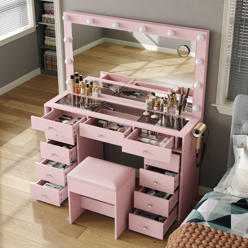 Ensemble de coiffeuse et de prise de courant Pisklo, coiffeuse de maquillage avec miroir et 12 lumières DEL, table de maquillage avec 11 tiroirs, coiffeuse avec fauteuil, ensemble de coiffeuse 3 modes d'éclairage avec luminosité réglable