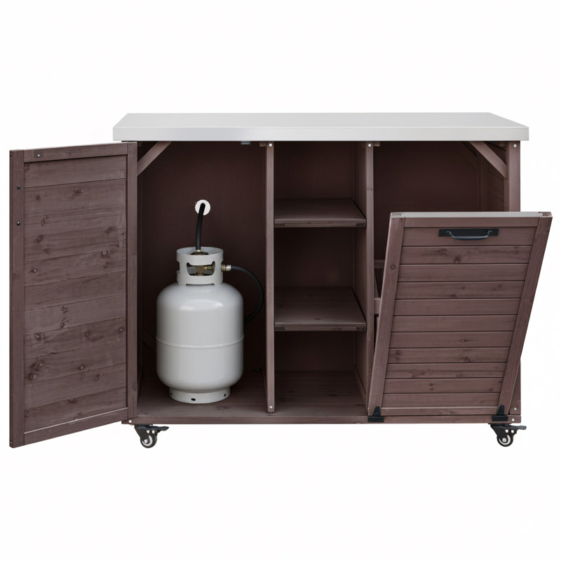 Chariot de barbecue 78,3 po avec plateau en acier inoxydable et rangement pour poubelle, Brun
