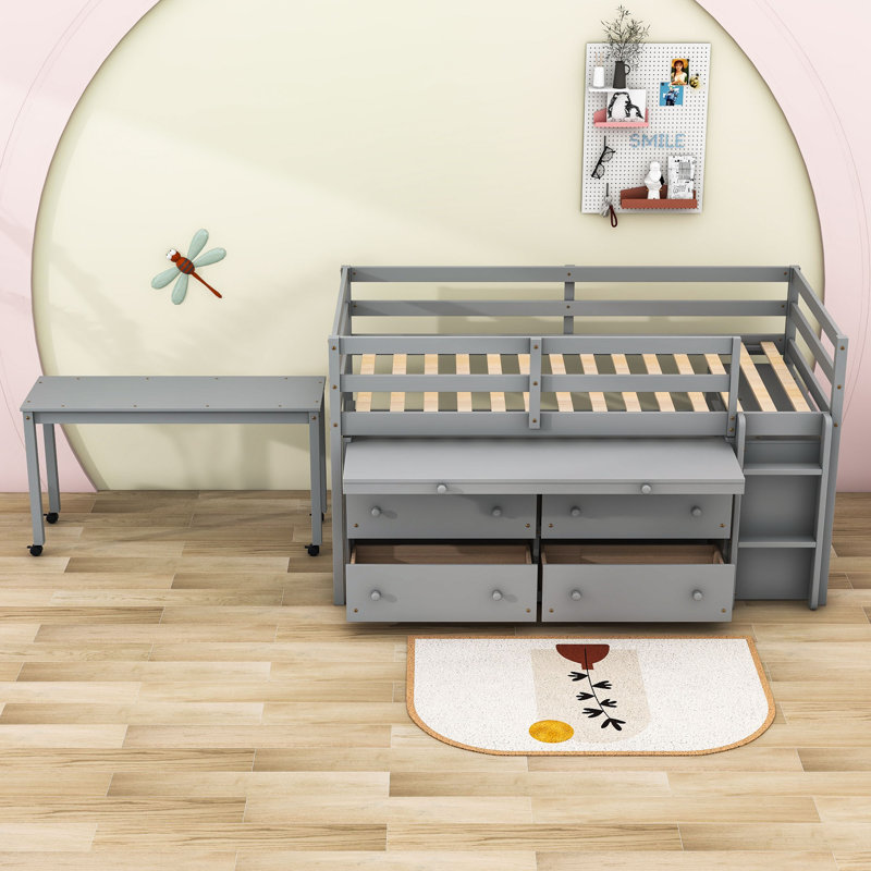 Jakilah Kids Loft Bed with Drawers, Gray, Twin