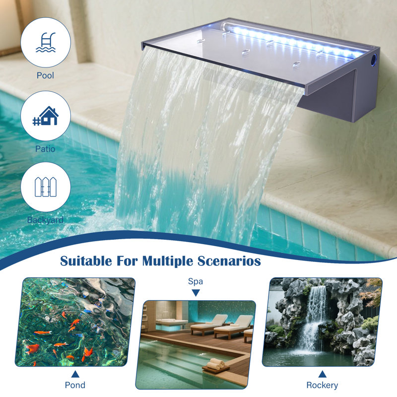 Outdoor Acrylic Waterfall Fountain with Lights, 12" H x 8" W x 4" D